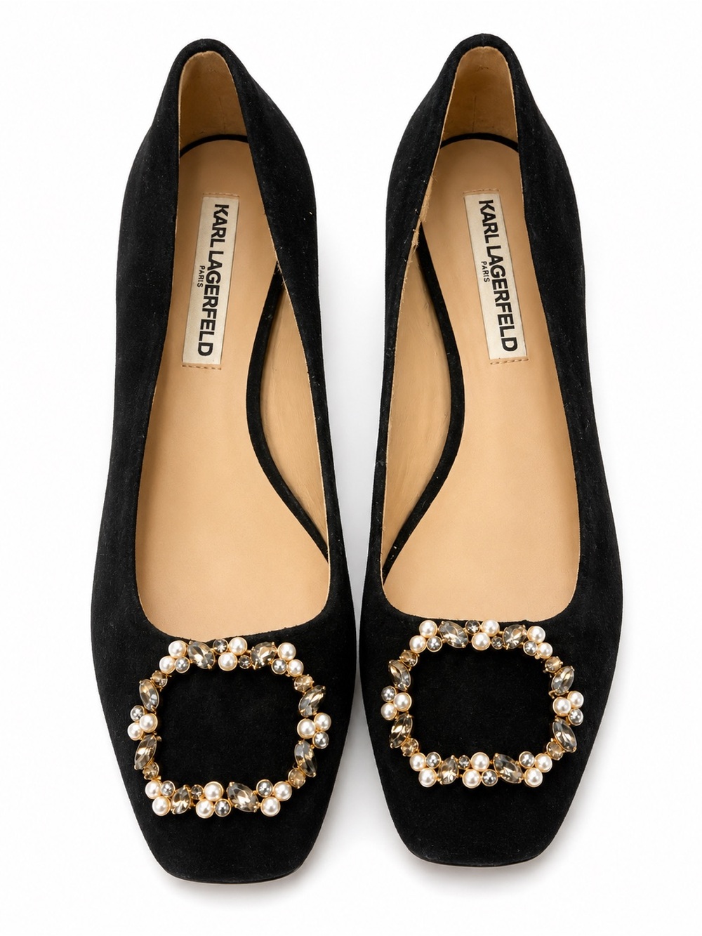 Karl Lagerfeld Black Suede Flats with Pearl & Gold Crystal Buckles